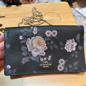 Coach Black Floral Clutch with Chain
